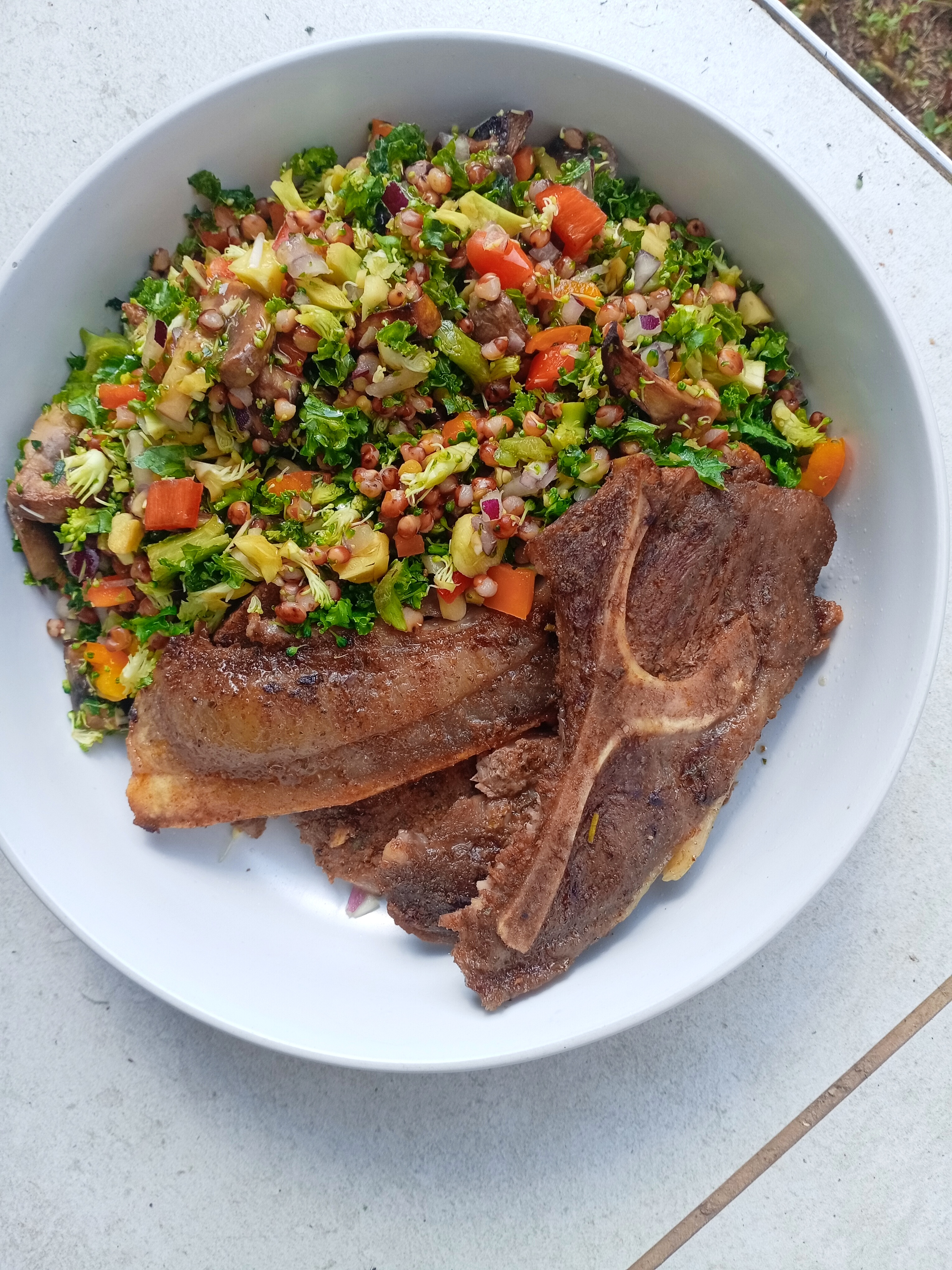 Sorghum. Mushroom and Broocli Salad with Pork Chops